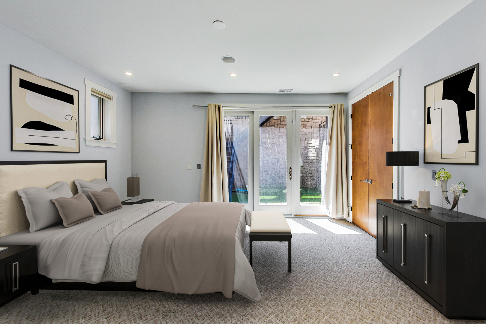 619 West Surf Street, Unit 1 Chicago, IL 60657 - Photo 6 of 36 a bedroom with a balcony a bed and a large mirror