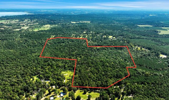 a view of a green yard with an ocean and trees