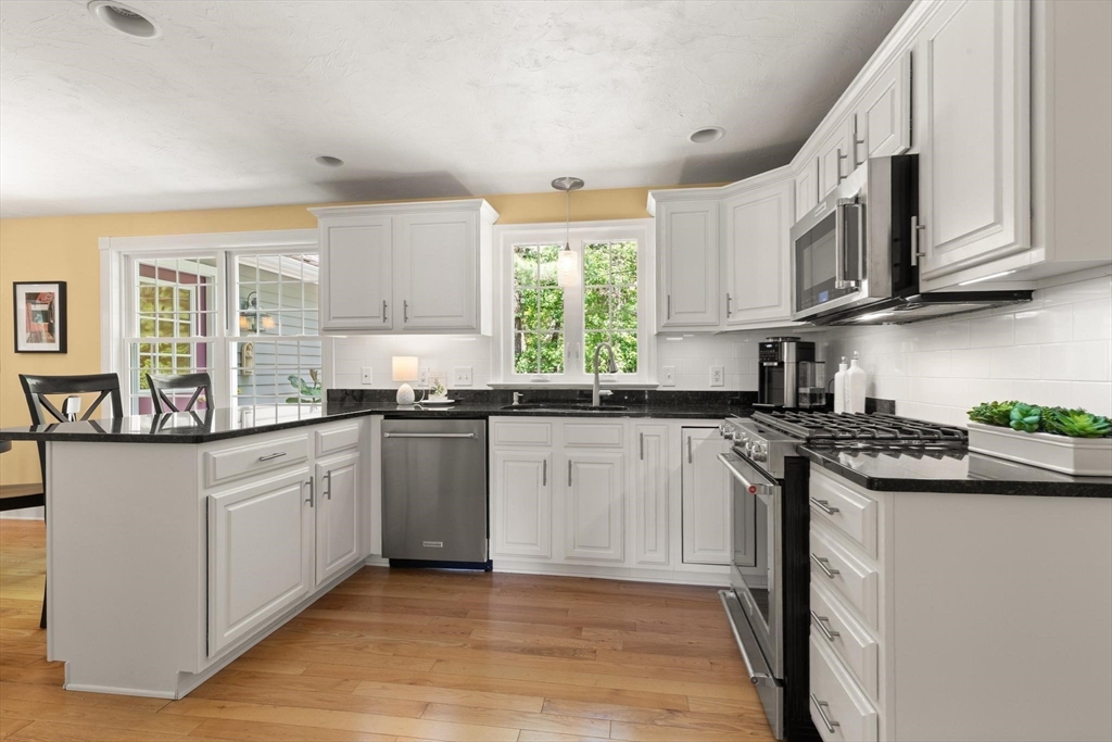 67 Bridle Path Franklin, MA 02038 - Photo 9 of 35 a kitchen with stainless steel appliances granite countertop a stove a sink and a microwave
