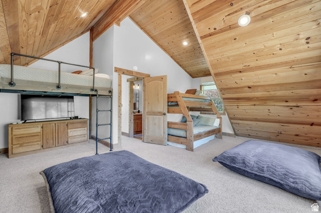 2348 North Miles Holw Road, Unit 26 Kamas, UT 84036 - Photo 12 of 31 Bedroom with a high wood beamed ceiling, carpet flooring, and recessed lighting