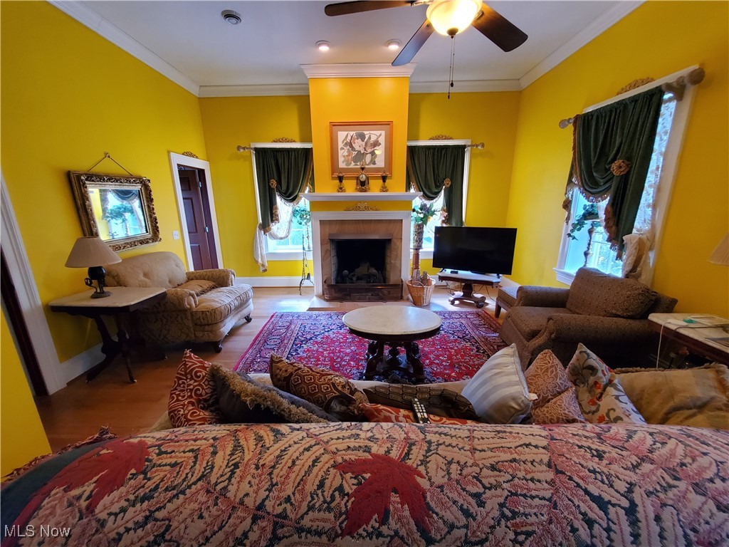 150 Main Street Hayesville, OH 44805 - Photo 31 of 50 Living room with wood finished floors, crown molding, a fireplace, and a ceiling fan.