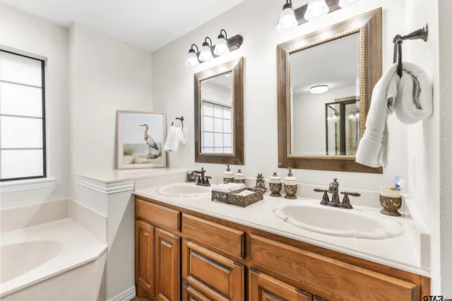 a bathroom with a sink vanity tub and a mirror