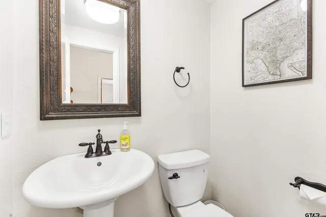 a bathroom with a toilet a sink and mirror