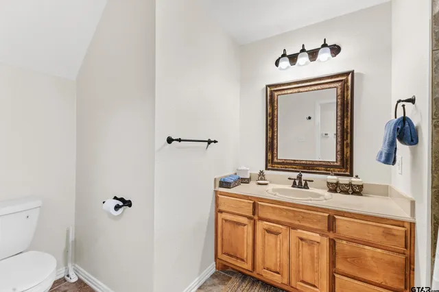 a bathroom with a sink a toilet and mirror