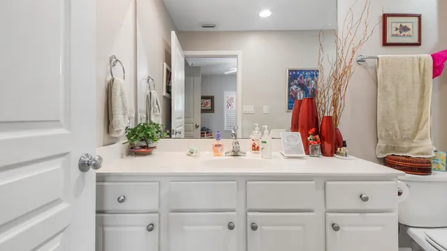 a bathroom with a sink vanity and a mirror