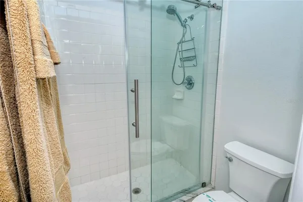 a bathroom with a shower and toilet