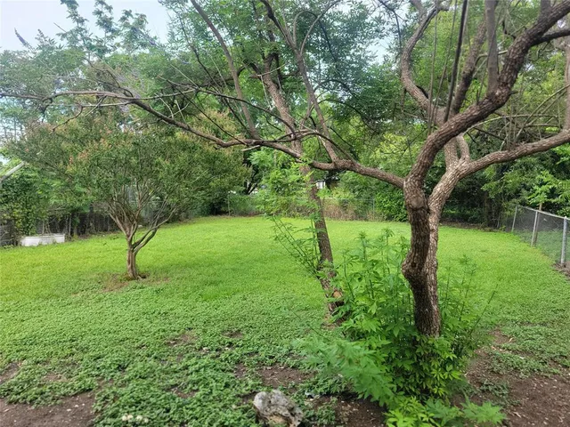 a big yard with lots of green space and fountain