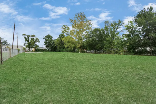 a view of a grassy field with trees in the background