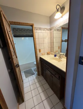 a bathroom with a double vanity sink a mirror and a shower
