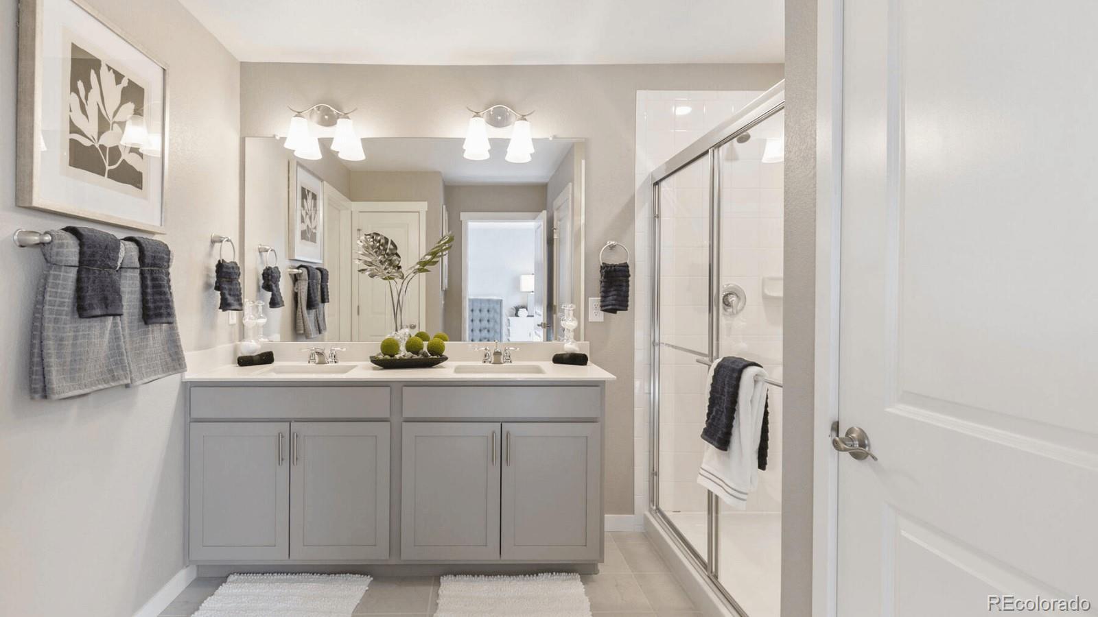 810 North Clubview Street Watkins, CO 80137 - Photo 12 of 21 a bathroom with a double vanity sink mirror and shower