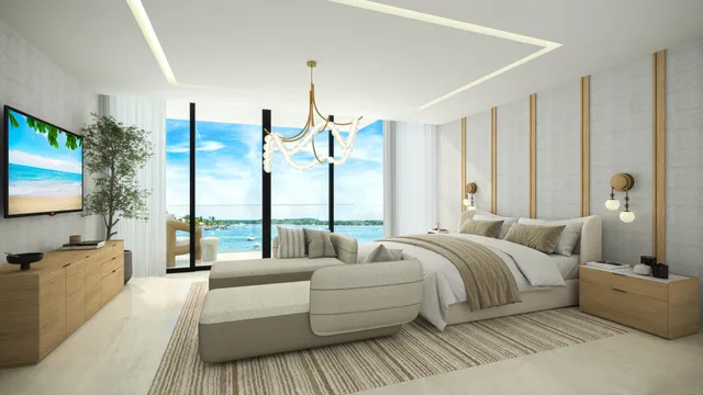 a spacious bedroom with a bed and glass window