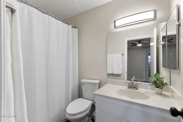 a bathroom with a sink a toilet and shower curtain