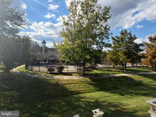 a view of a park with large trees