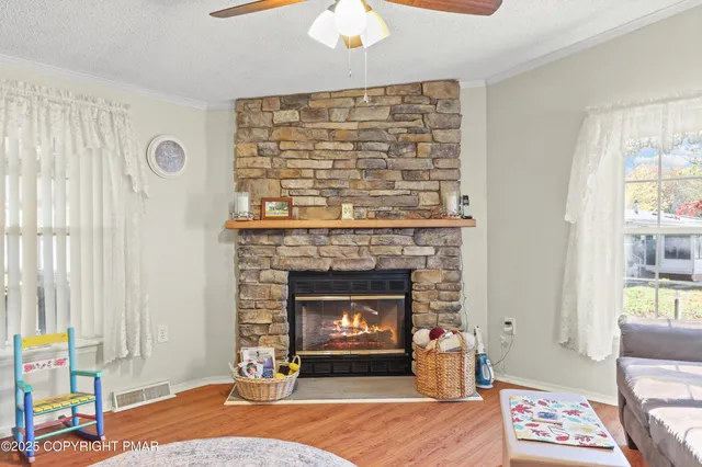 a living room with furniture and a fireplace