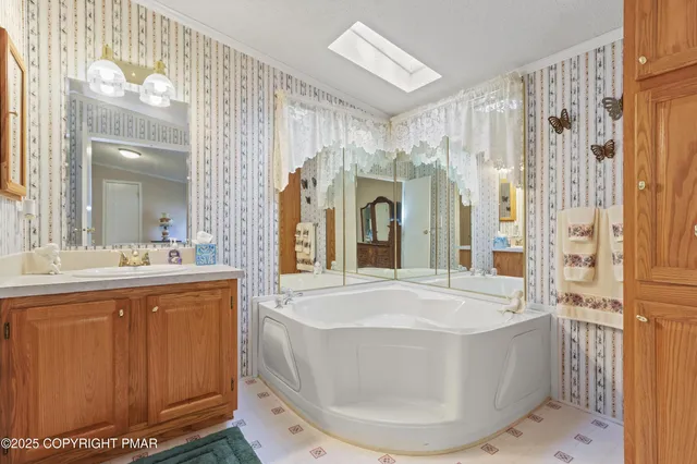 a bathroom with a sink a mirror a bathtub and shower