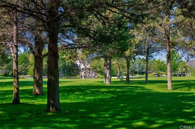 a view of a lake with houses in the background