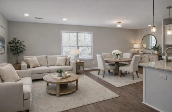a living room with furniture a window and a table