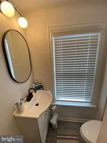 a bathroom with a sink a toilet and a mirror