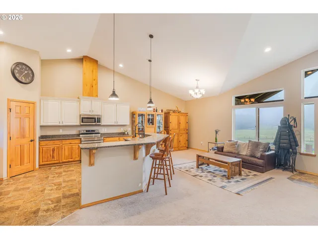 a kitchen with stainless steel appliances kitchen island granite countertop a sink counter space and a living room view