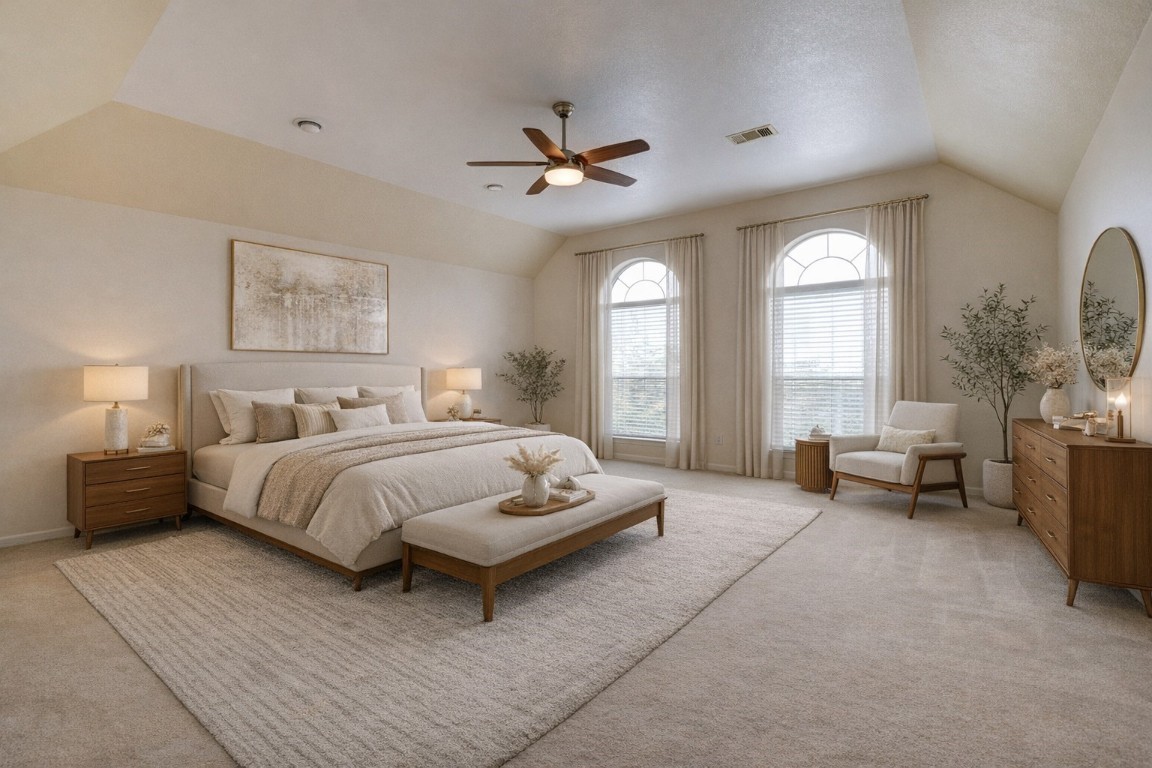 7611 South Linpar Court Houston, TX 77040 - Photo 29 of 49 a spacious bedroom with a bed a couch and a large window