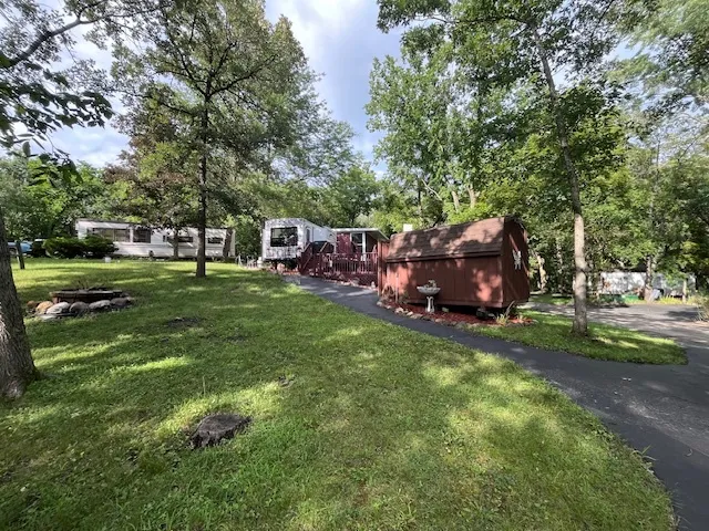 a backyard of a house with plants and large tree