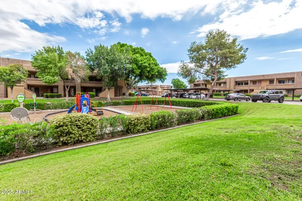 a view of a park with large trees and a pathway