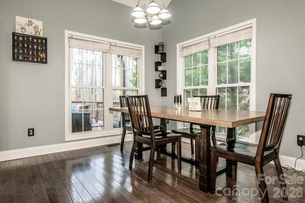 a view of a dining room with furniture window and wooden floor