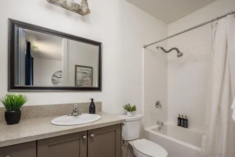 a bathroom with a granite countertop sink mirror and toilet