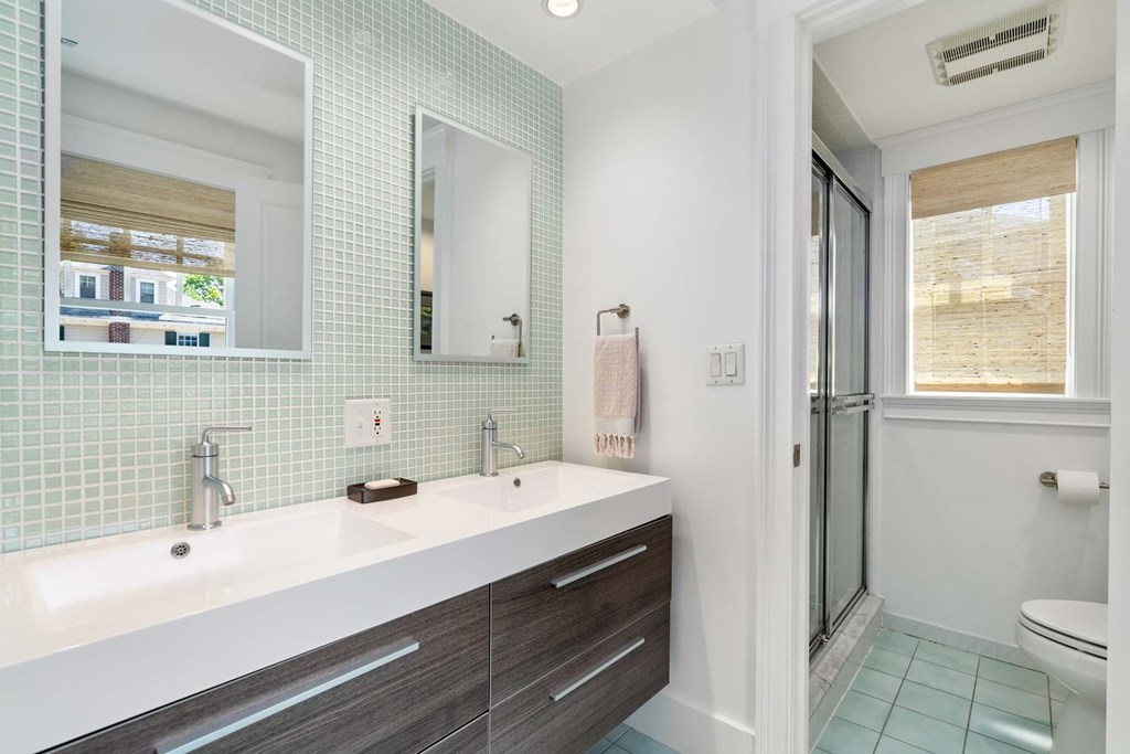29 Royce Road Newton, MA 02459 - Photo 26 of 38 a bathroom with a sink a toilet a mirror and shower