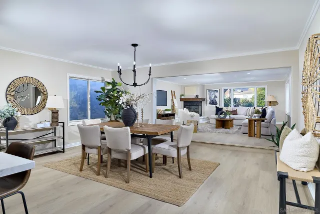 a view of a dining room and livingroom with furniture wooden floor a rug a potted plant and a chandelier