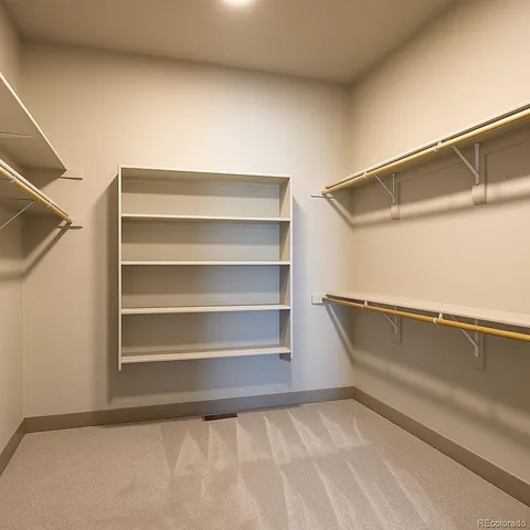 a view of walk in closet with empty racks