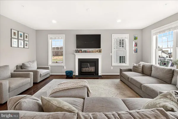 a living room with furniture window and a fireplace
