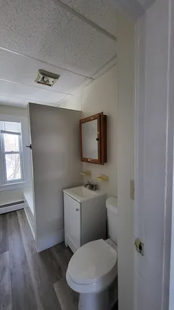 a bathroom with a toilet a sink and mirror