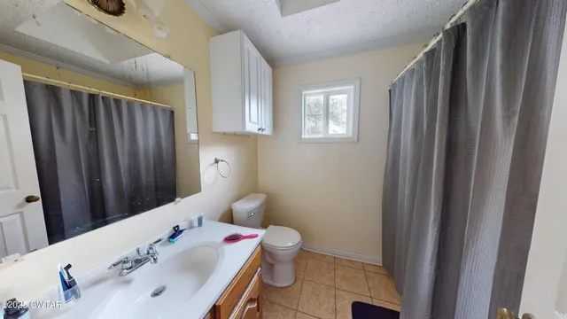 a bathroom with a sink a toilet and shower curtain