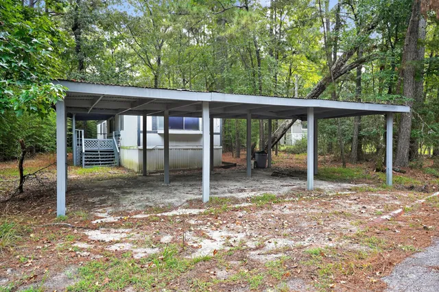 a view of a backyard with large trees and a large window