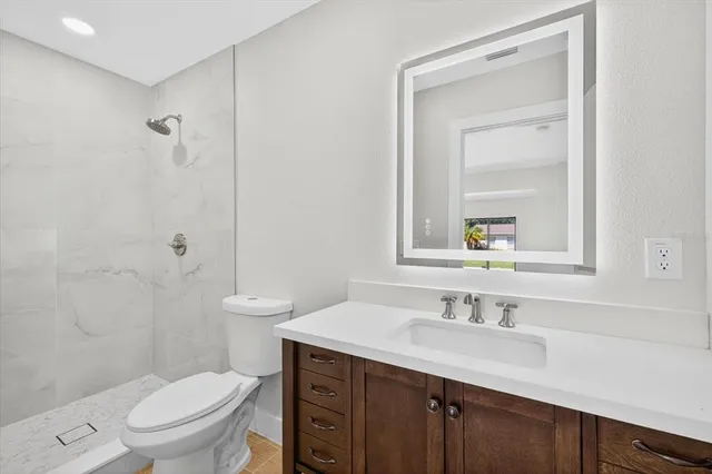 a bathroom with a shower and toilet