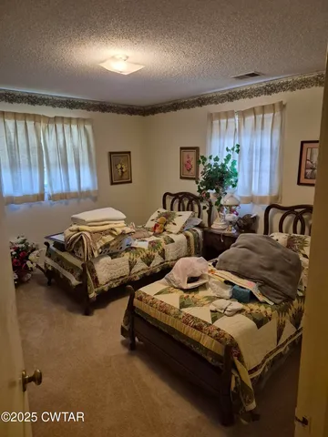 a bedroom with two beds and painted walls