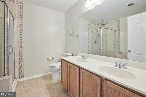 a bathroom with a sink a toilet a large mirror and shower