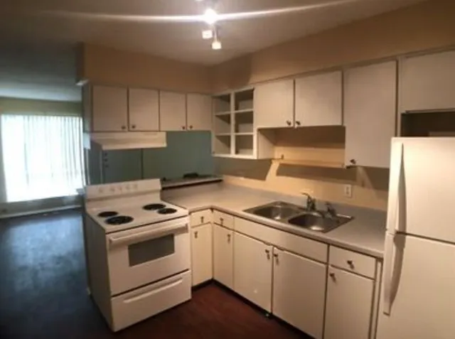 a kitchen with cabinets appliances and a window