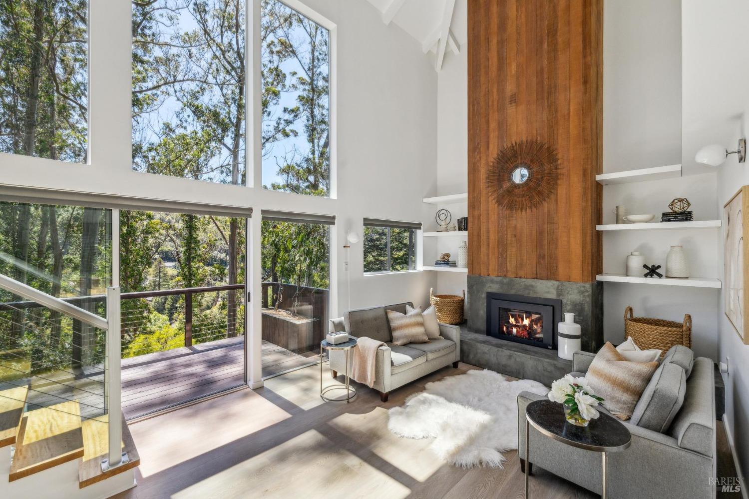 a living room with furniture a fireplace and a floor to ceiling window
