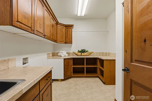 a view of cabinets and window