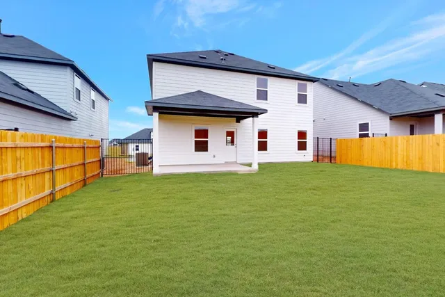 a view of a wooden bench under a large tree