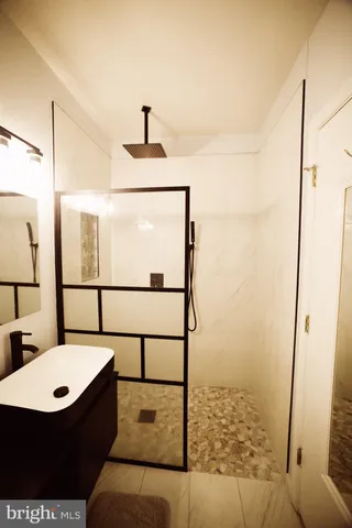 a bathroom with a sink and a shower