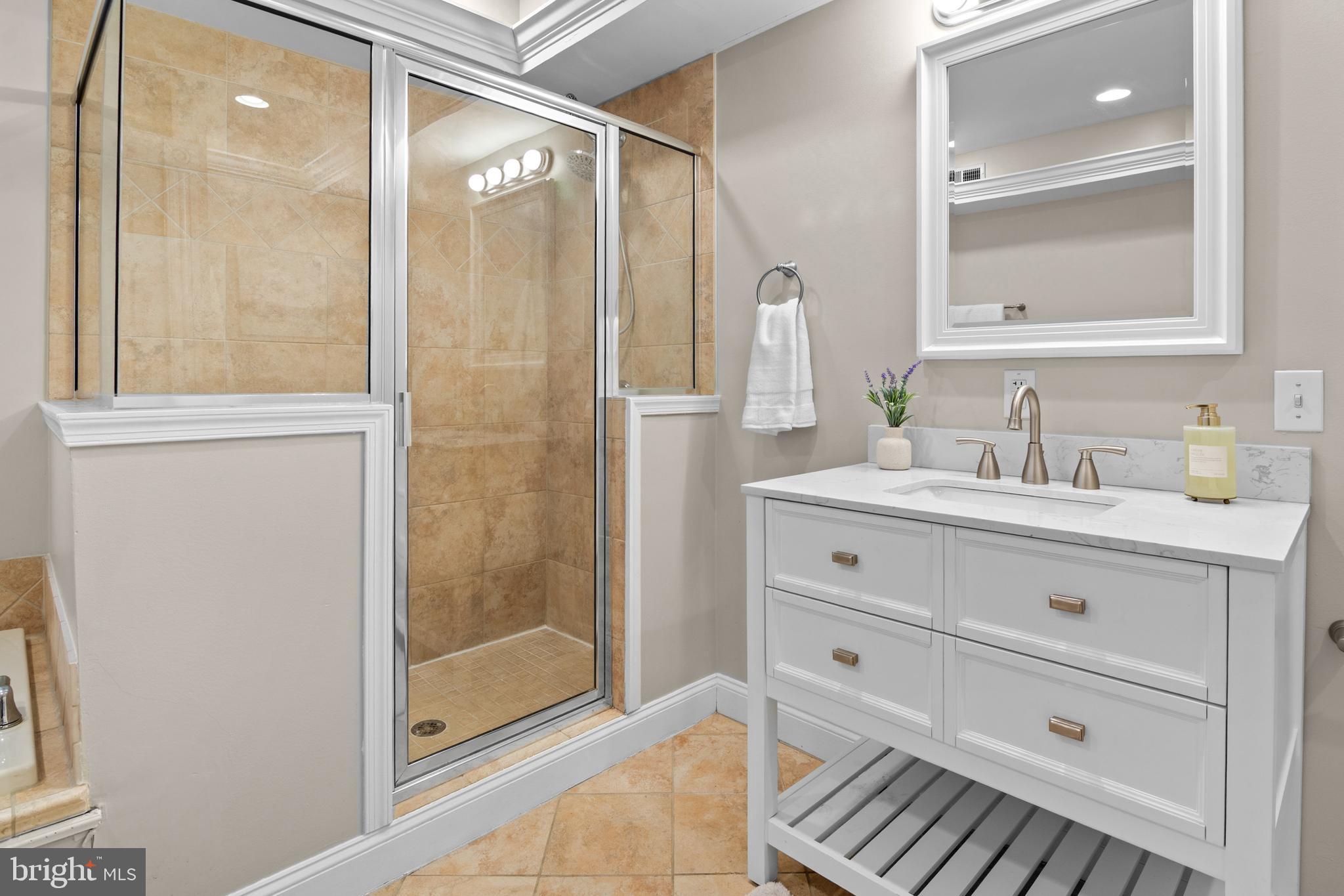 1535 South Hanover Street Baltimore, MD 21230 - Photo 22 of 43 a bathroom with a shower sink and mirror