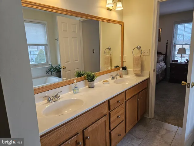 a bathroom with a double vanity sink and mirror
