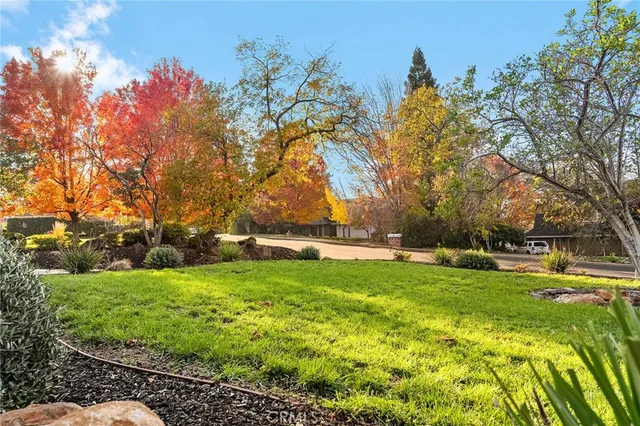 a view of yard with swimming pool and green space