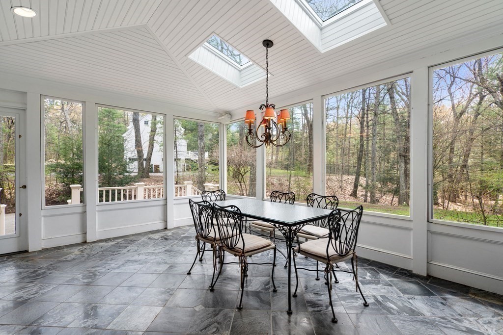47 Claypit Hill Road Wayland, MA 01778 - Photo 11 of 21 a view of a dining room with furniture large windows and wooden floor