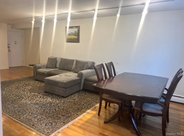 a living room with furniture and a rug