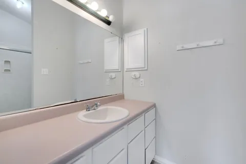 a bathroom with a sink and a mirror
