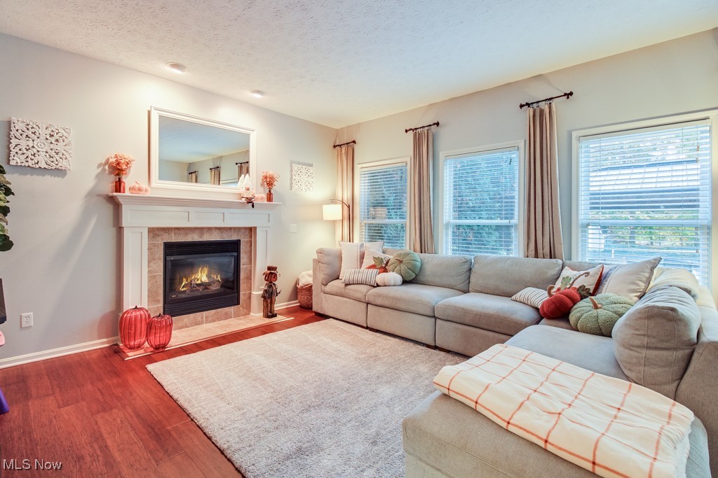 132 Timber Ridge Drive, Unit RDR Elyria, OH 44035 - Photo 6 of 41 Living room featuring a tiled fireplace, wood-type flooring, and a textured ceiling